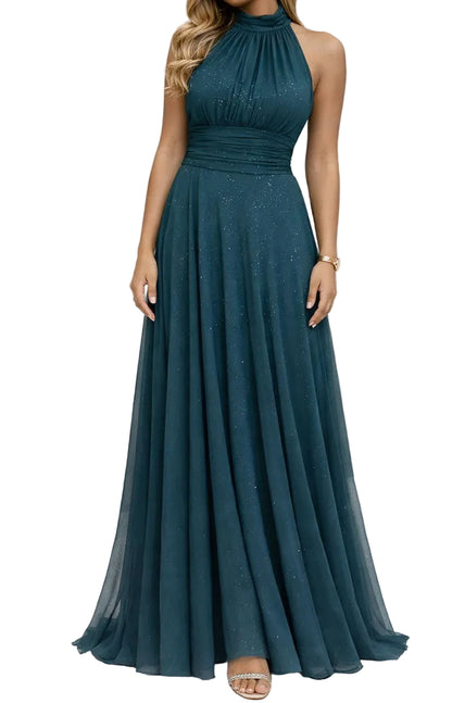 BERTA | Vestido Largo  Brillante con Escote Halter