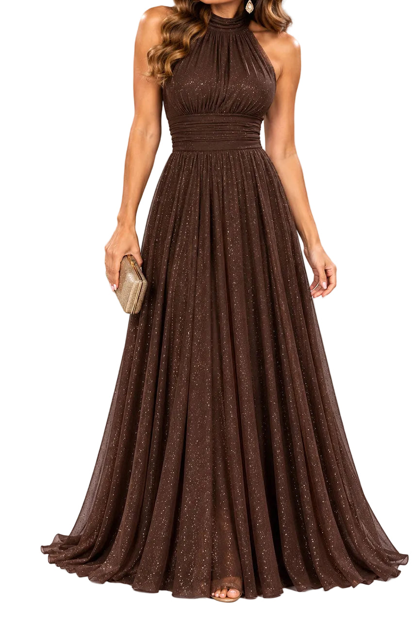 BERTA | Vestido Largo  Brillante con Escote Halter