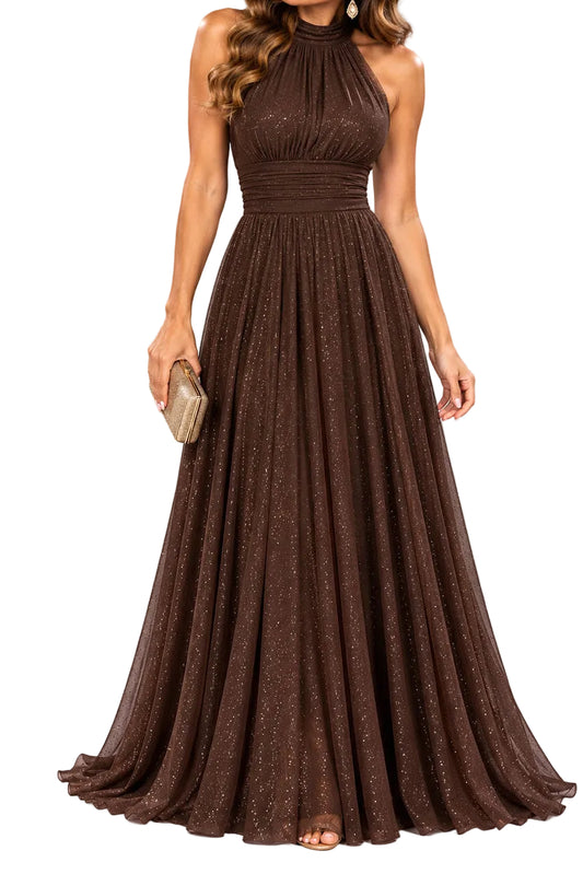 BERTA | Vestido Largo  Brillante con Escote Halter