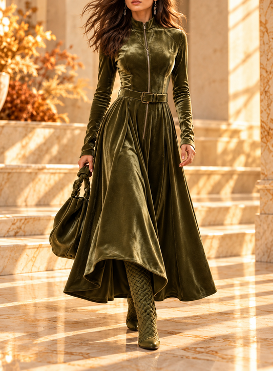 ELENA | Vestido largo de terciopelo verde oliva