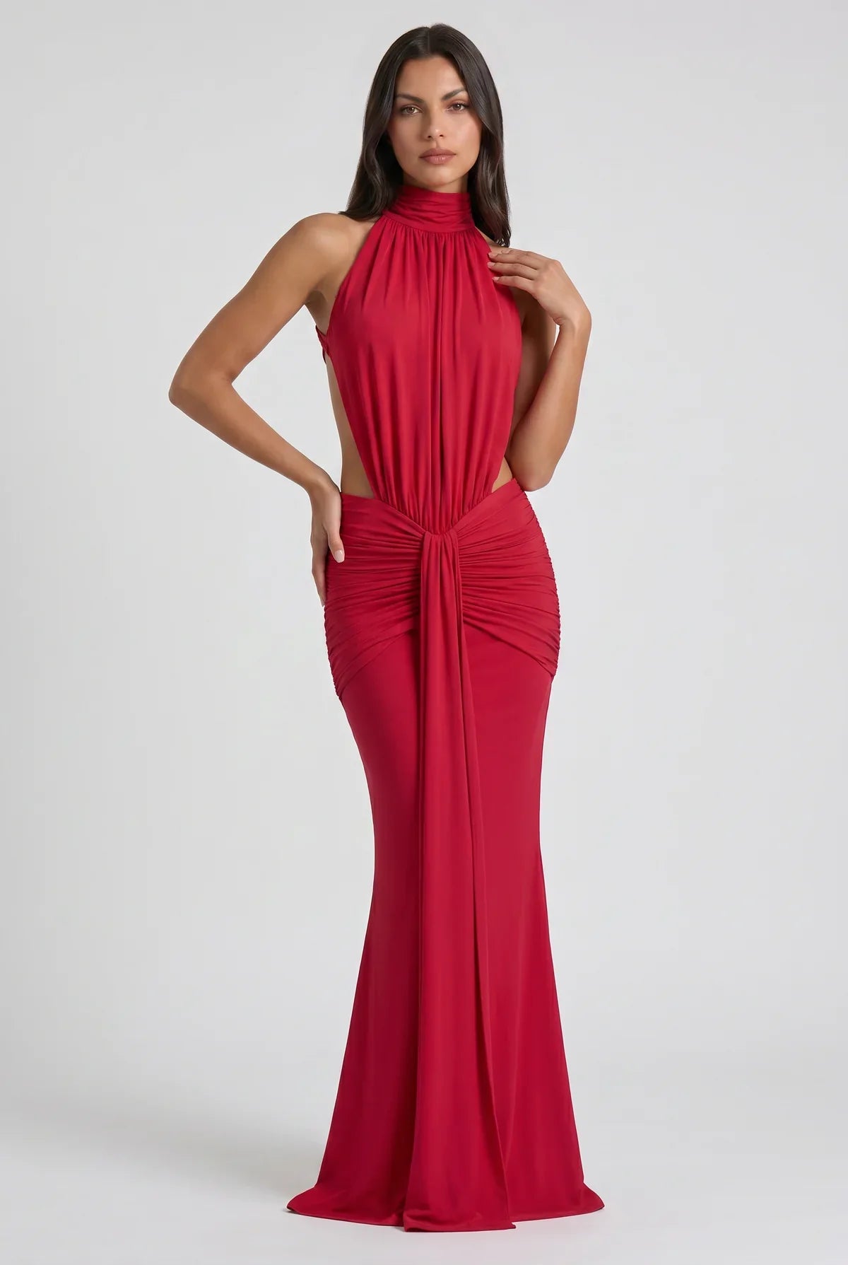 Vestido Maxi Marrón Chocolate – Elegancia Sensual con Drapeado