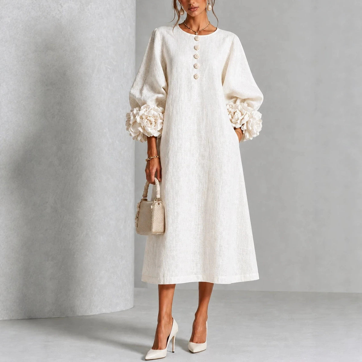Vestido Midi Theodosia con Puños de Rosas y Botones