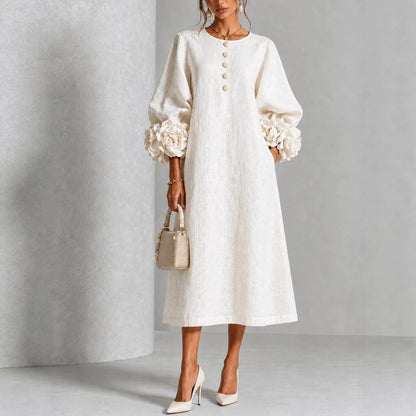 Vestido Midi Theodosia con Puños de Rosas y Botones