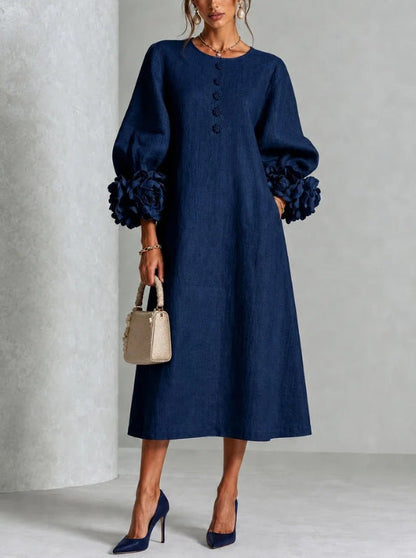 Vestido Midi Theodosia con Puños de Rosas y Botones