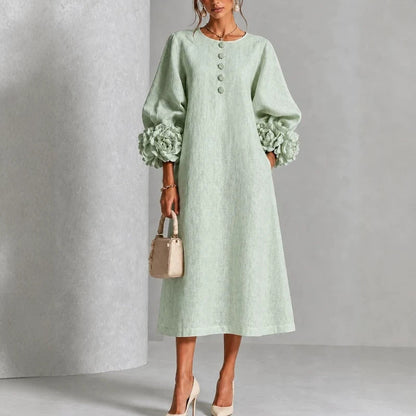 Vestido Midi Theodosia con Puños de Rosas y Botones
