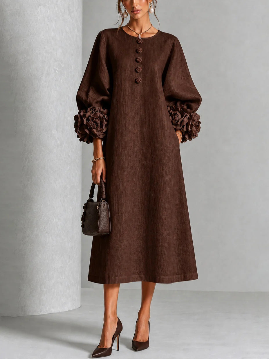 Vestido Midi Theodosia con Puños de Rosas y Botones