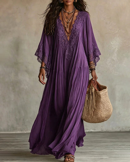 Vestido Maxi Bohemio con Ribetes de Encaje y Mangas Murciélago