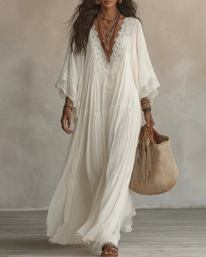Vestido Maxi Bohemio con Ribetes de Encaje y Mangas Murciélago