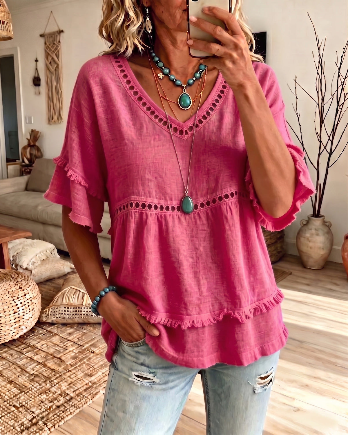Blusa babydoll bohemia con flecos