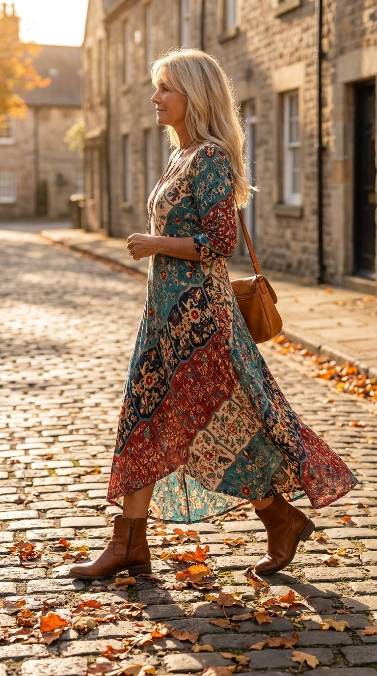 Lidia vestido largo fluido de otoño andando por la calle