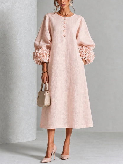Vestido Midi Theodosia con Puños de Rosas y Botones