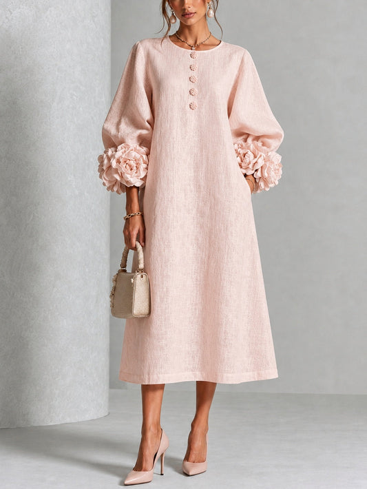 Vestido Midi Theodosia con Puños de Rosas y Botones