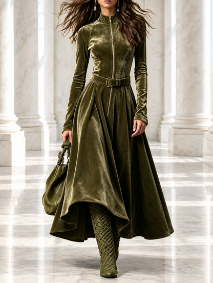 ELENA | Vestido largo de terciopelo verde oliva