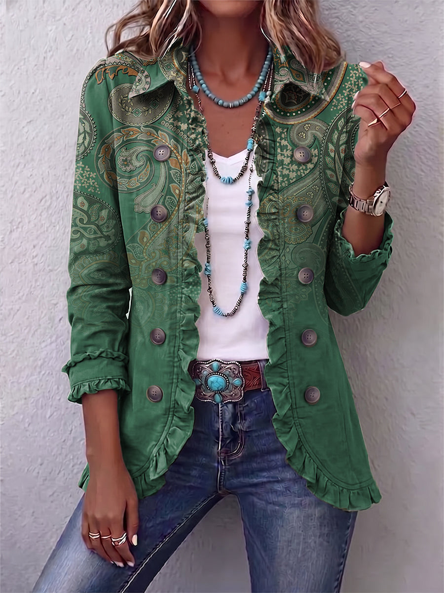 Chaqueta Verde con Estampado de Cachemira y Volantes