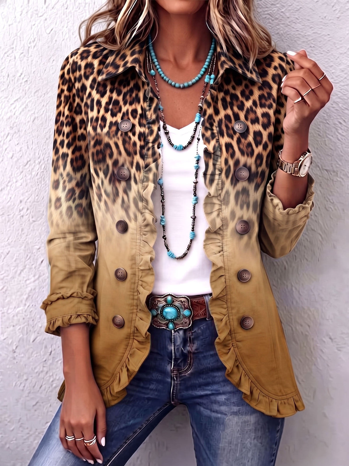GIUSEPPINA | Blazer de leopardo difuminado con volantes