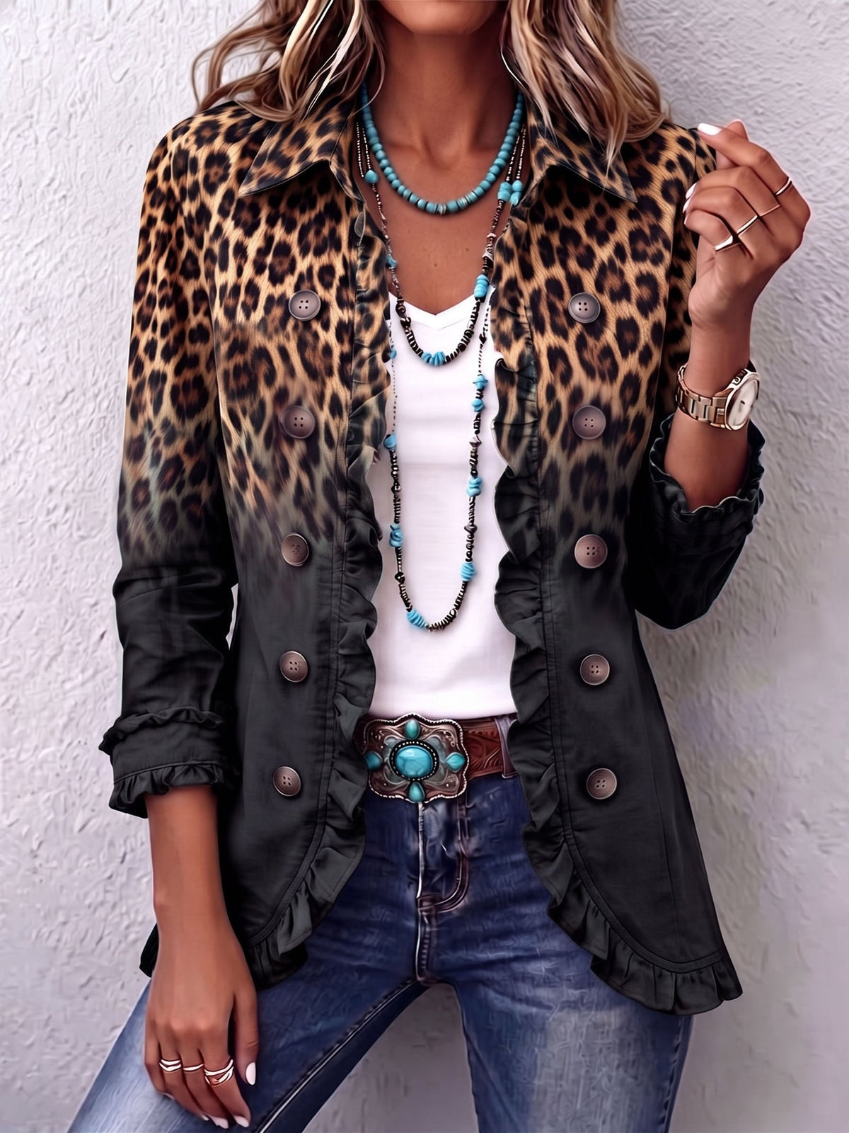 ERMINIA | Blazer de Leopardo Negro con Volantes