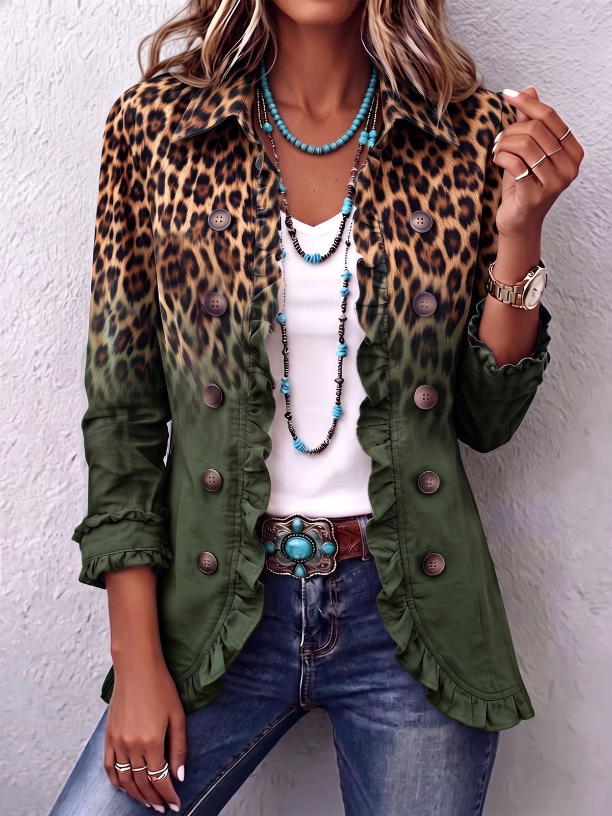 NUNZIA | Blazer Verde Leopardo con Volantes